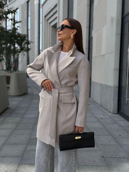 Пальто из шерсти в елочку, кофейный