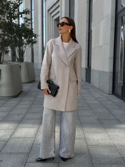 Пальто из шерсти в елочку, кофейный