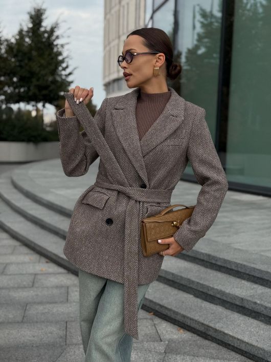 Полупальто из шерсти в твид, шоколадный