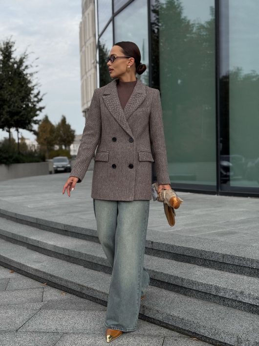 Полупальто из шерсти в твид, шоколадный