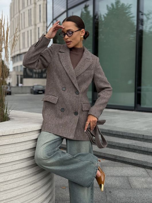 Полупальто из шерсти в твид, шоколадный