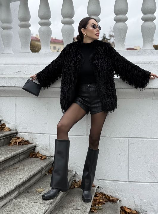 Бомбер укороченный с перьями, черный