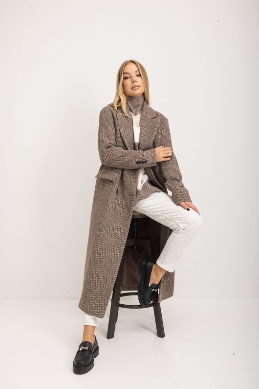 Пальто из шерсти в твид, шоколадный