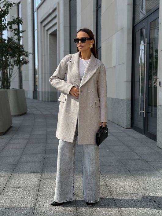 Пальто из шерсти в елочку, кофейный