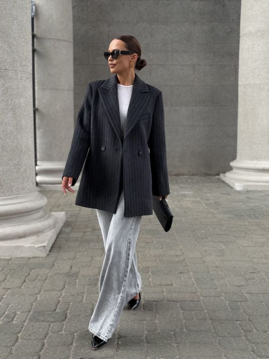 Полупальто из шерсти в полоску, серый