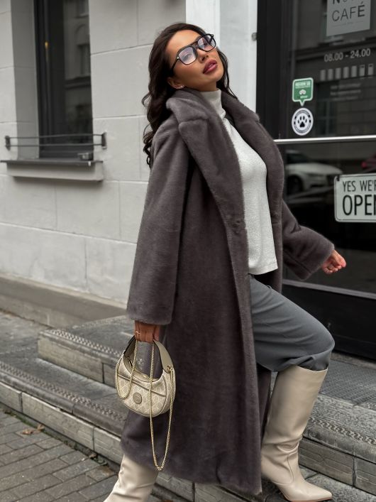 Шубка "волк" в макси длине, графитовый