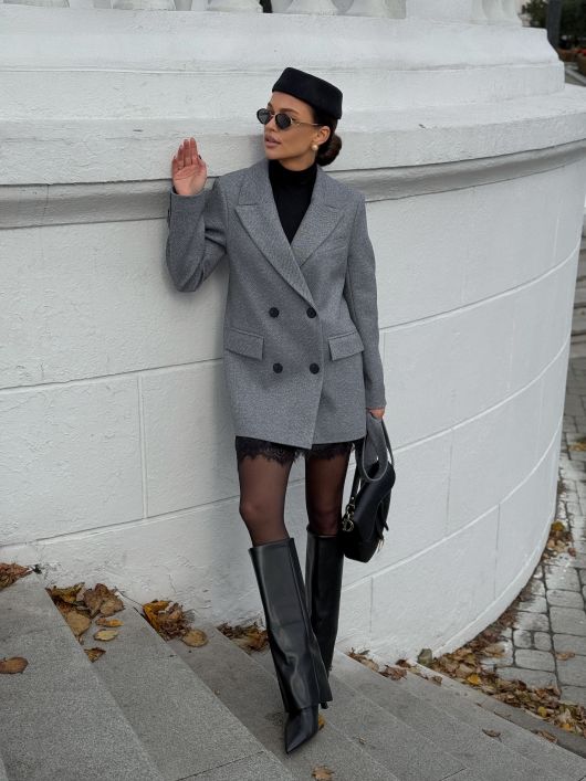 Полупальто из шерсти в елочку, синий