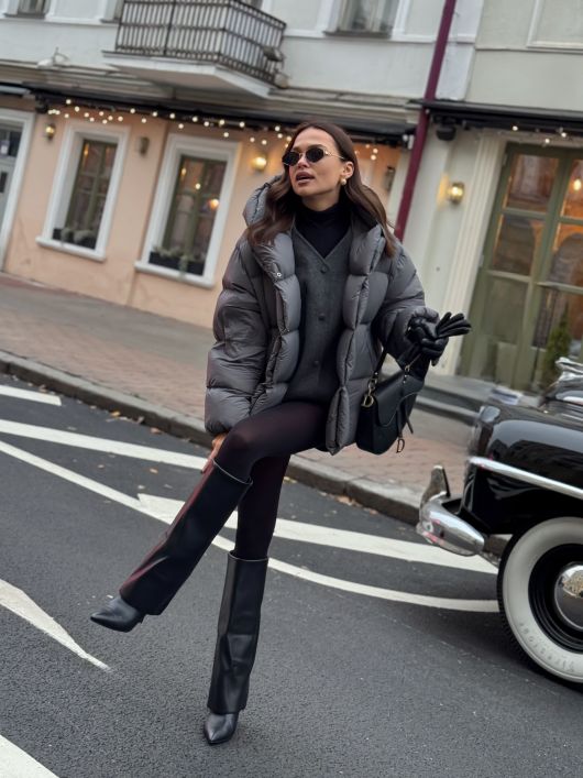 Пуховик укороченный с капюшоном, графитовый