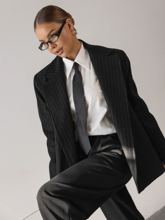Пиджак-пальто в полоску, черный