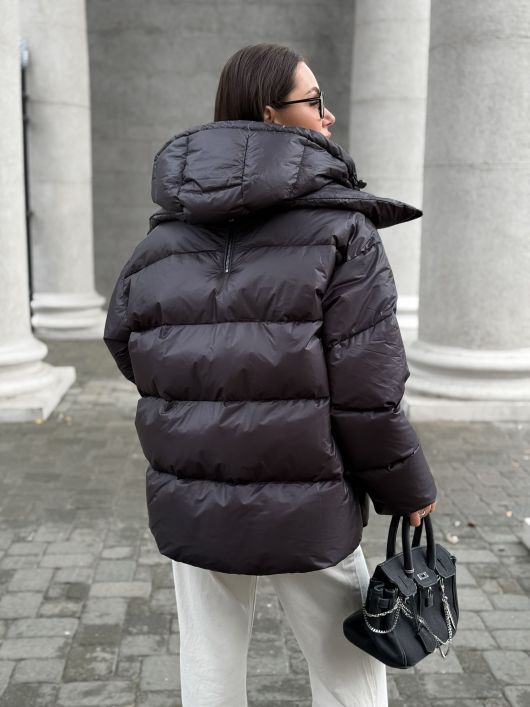 Пуховик укороченный с капюшоном, черный