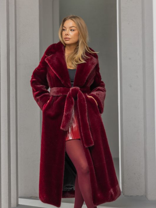 Шубка "волк" в макси длине, бургунди