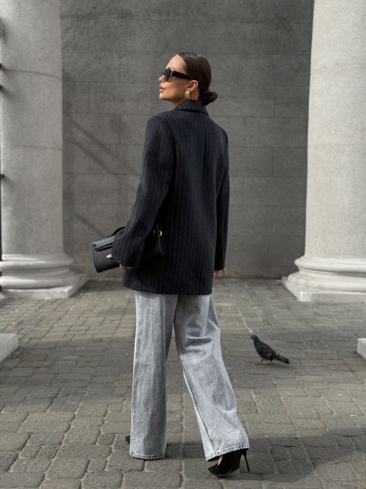 Полупальто из шерсти в полоску, серый