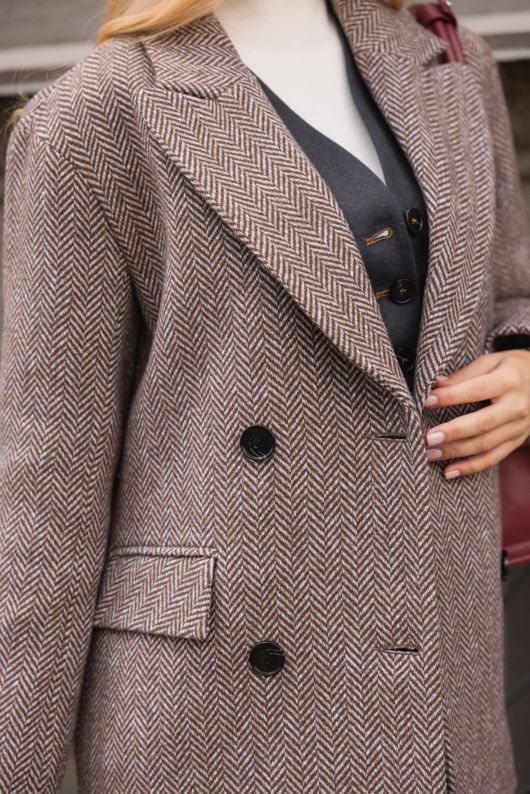 Полупальто из шерсти в твид, шоколадный