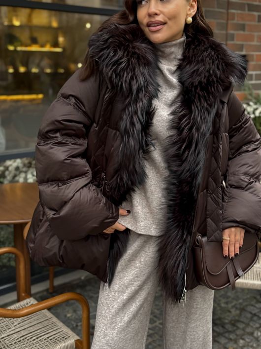 Пуховик с мехом лисы, шоколадный