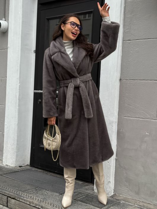 Шубка "волк" в макси длине, графитовый