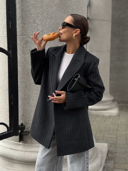 Полупальто из шерсти в полоску, серый