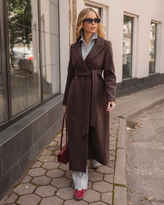 Пальто из шерсти в длине макси, шоколадный