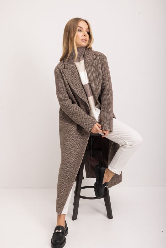 Пальто из шерсти в твид, шоколадный