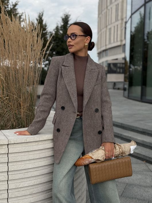 Полупальто из шерсти в твид, шоколадный