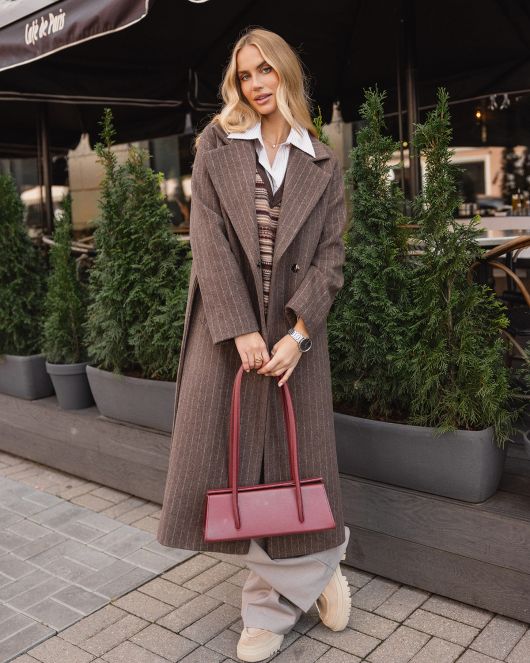 Пальто-халат в полоску, шоколадный