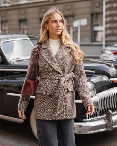 Полупальто из шерсти в твид, шоколадный