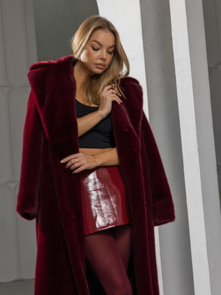 Шубка "волк" в макси длине, бургунди