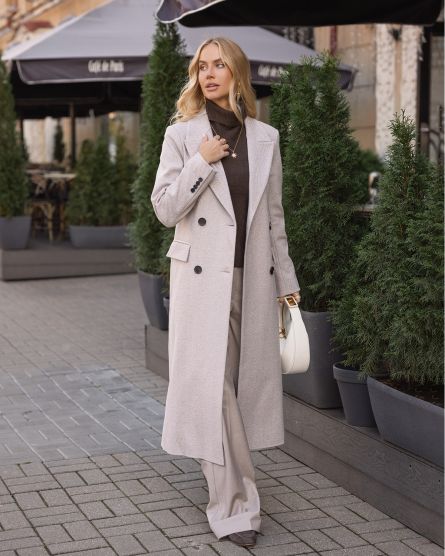 Пальто из шерсти в елочку, шоколадный