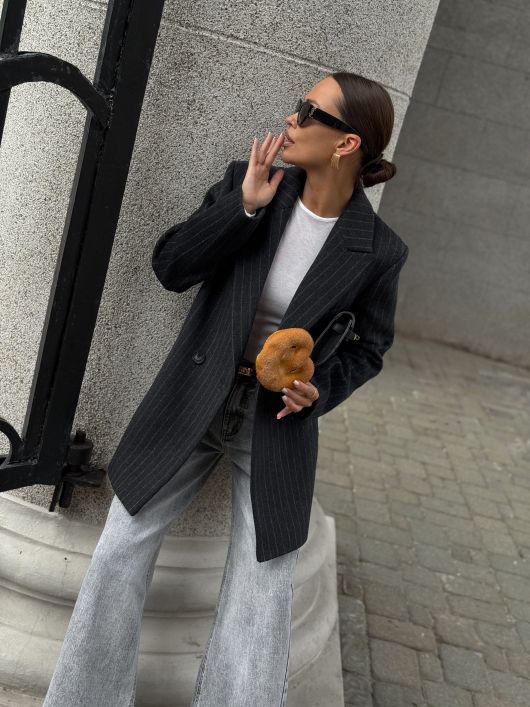 Полупальто из шерсти в полоску, серый