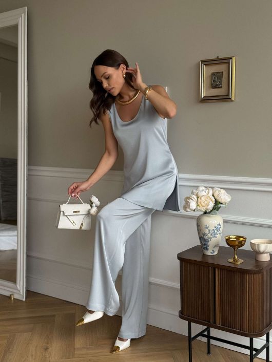 Брюки-палаццо с резинкой на талии, голубой