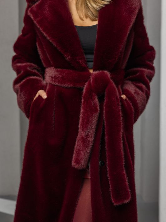 Шубка "волк" в макси длине, бургунди