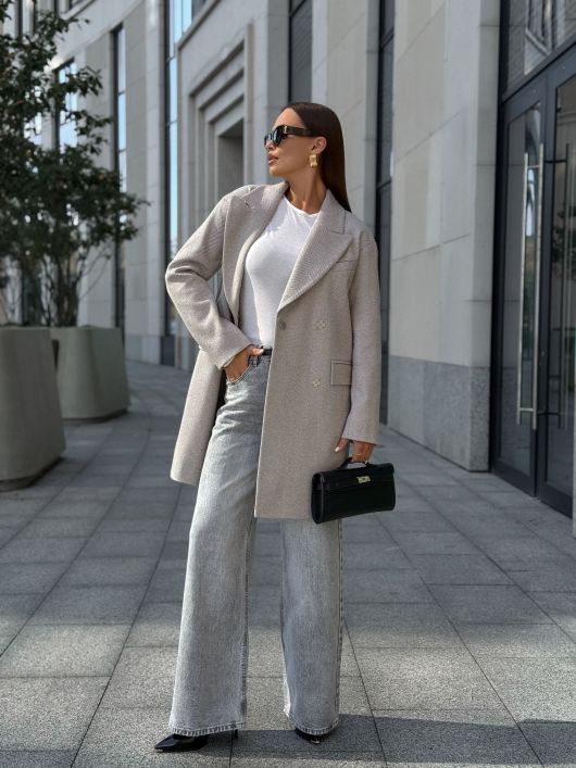 Пальто из шерсти в елочку, кофейный