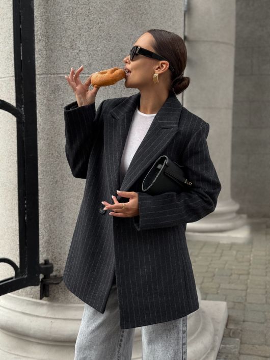 Полупальто из шерсти в полоску, серый