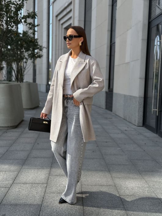 Пальто из шерсти в елочку, кофейный