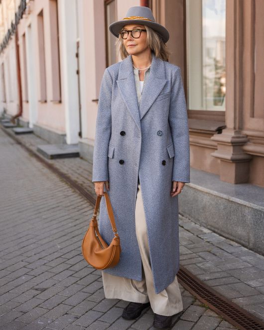 Пальто из шерсти в елочку, синий