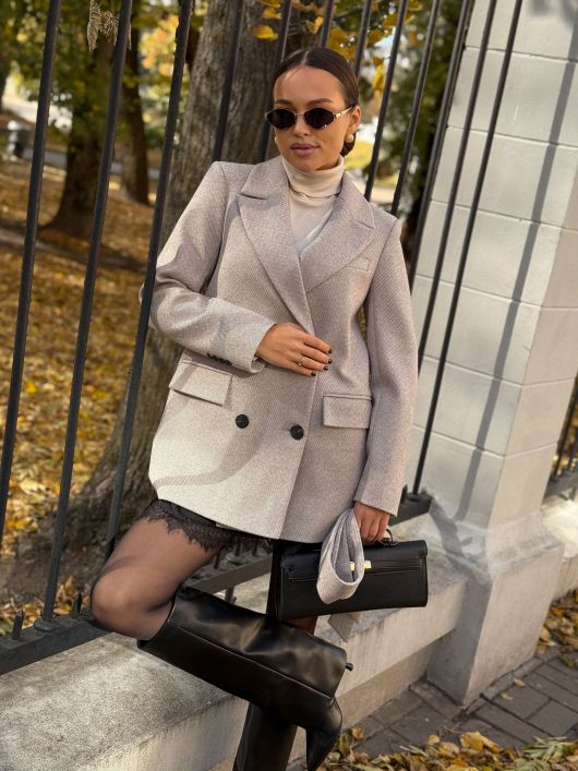 Полупальто из шерсти в елочку, шоколадный