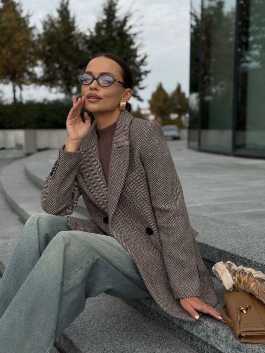 Полупальто из шерсти в твид, шоколадный