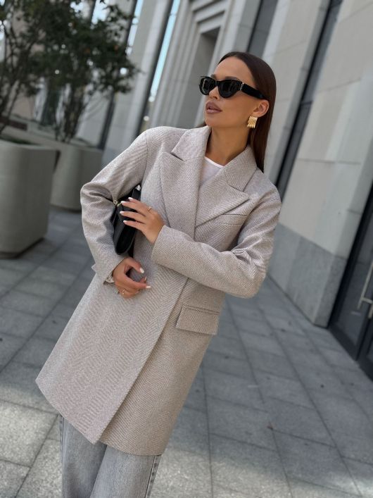 Пальто из шерсти в елочку, кофейный