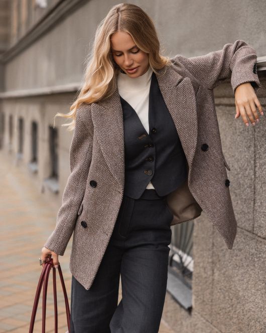 Полупальто из шерсти в твид, шоколадный