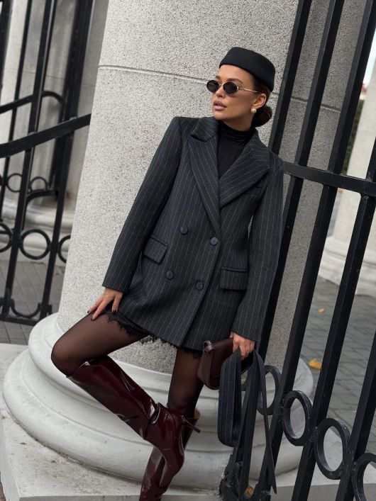 Полупальто из шерсти в полоску, серый