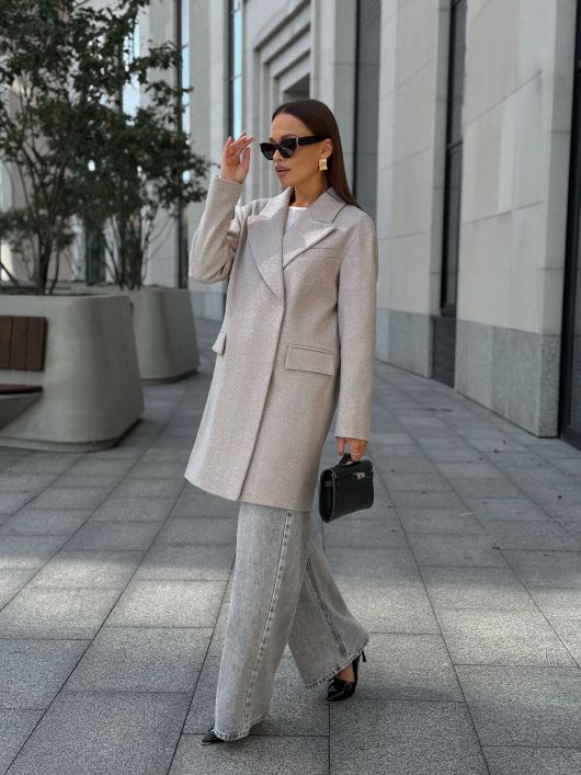 Пальто из шерсти в елочку, кофейный