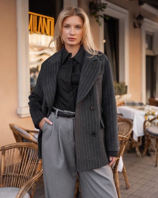 Полупальто из шерсти в полоску, серый