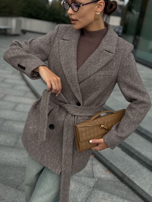 Полупальто из шерсти в твид, шоколадный