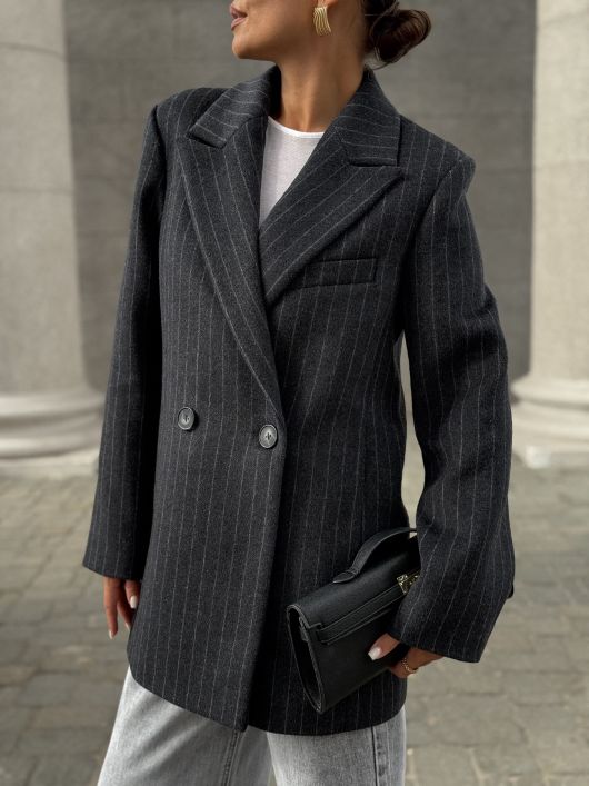 Полупальто из шерсти в полоску, серый