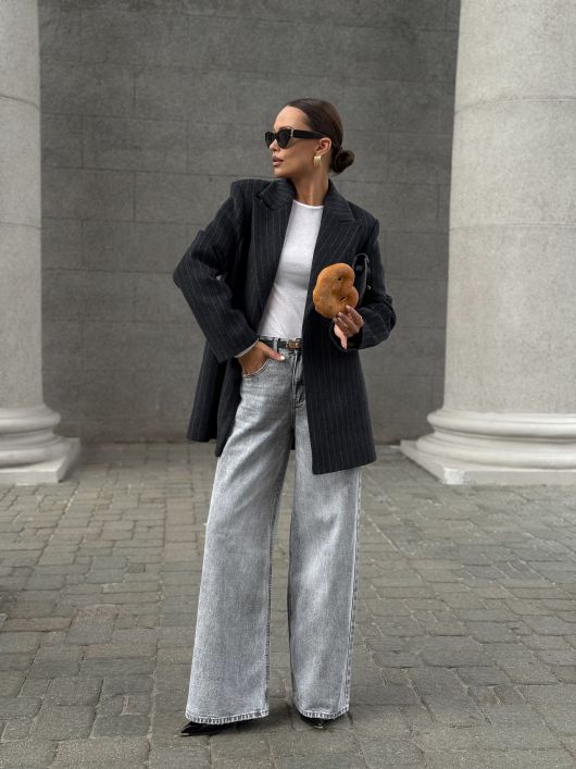 Полупальто из шерсти в полоску, серый