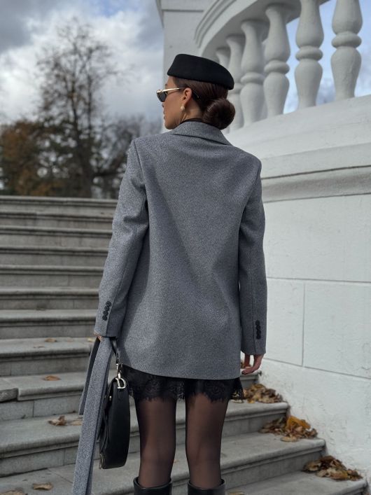 Полупальто из шерсти в елочку, синий