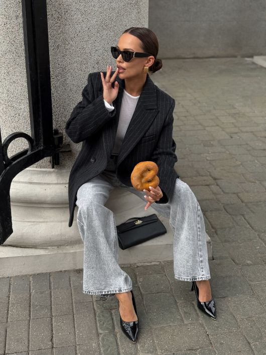 Полупальто из шерсти в полоску, серый