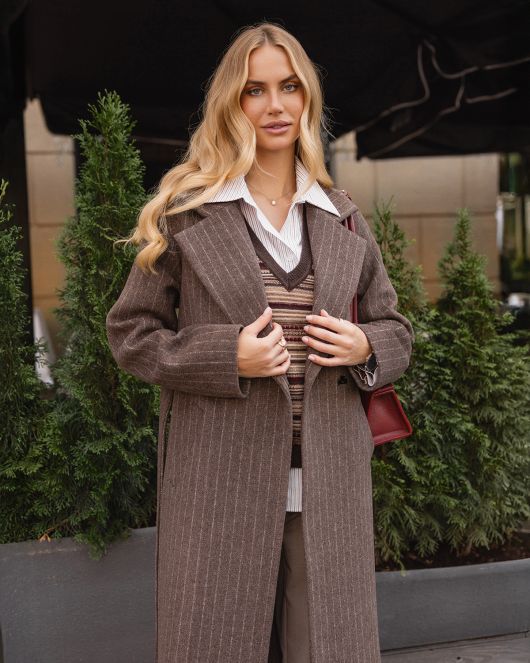 Пальто-халат в полоску, шоколадный