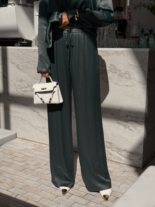 Брюки-палаццо с резинкой на талии, зеленый