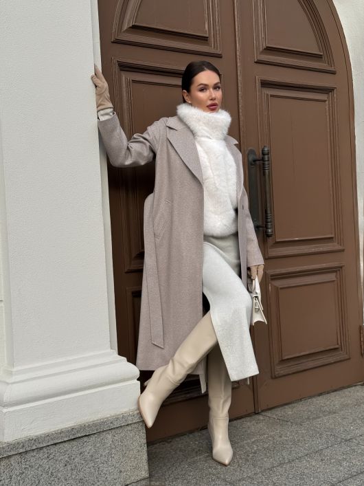 Пальто из шерсти в елочку, шоколадный