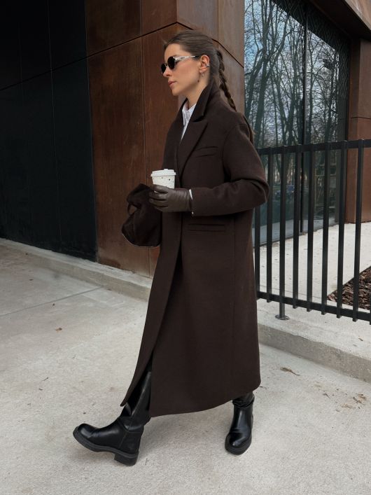 Пальто из шерсти в длине макси, шоколадный